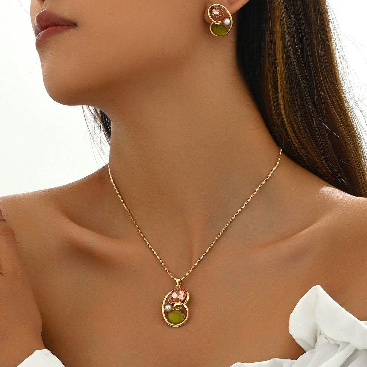 Earrings And Necklace Set Inlaid Gem Long - MagicWhisper Boutique