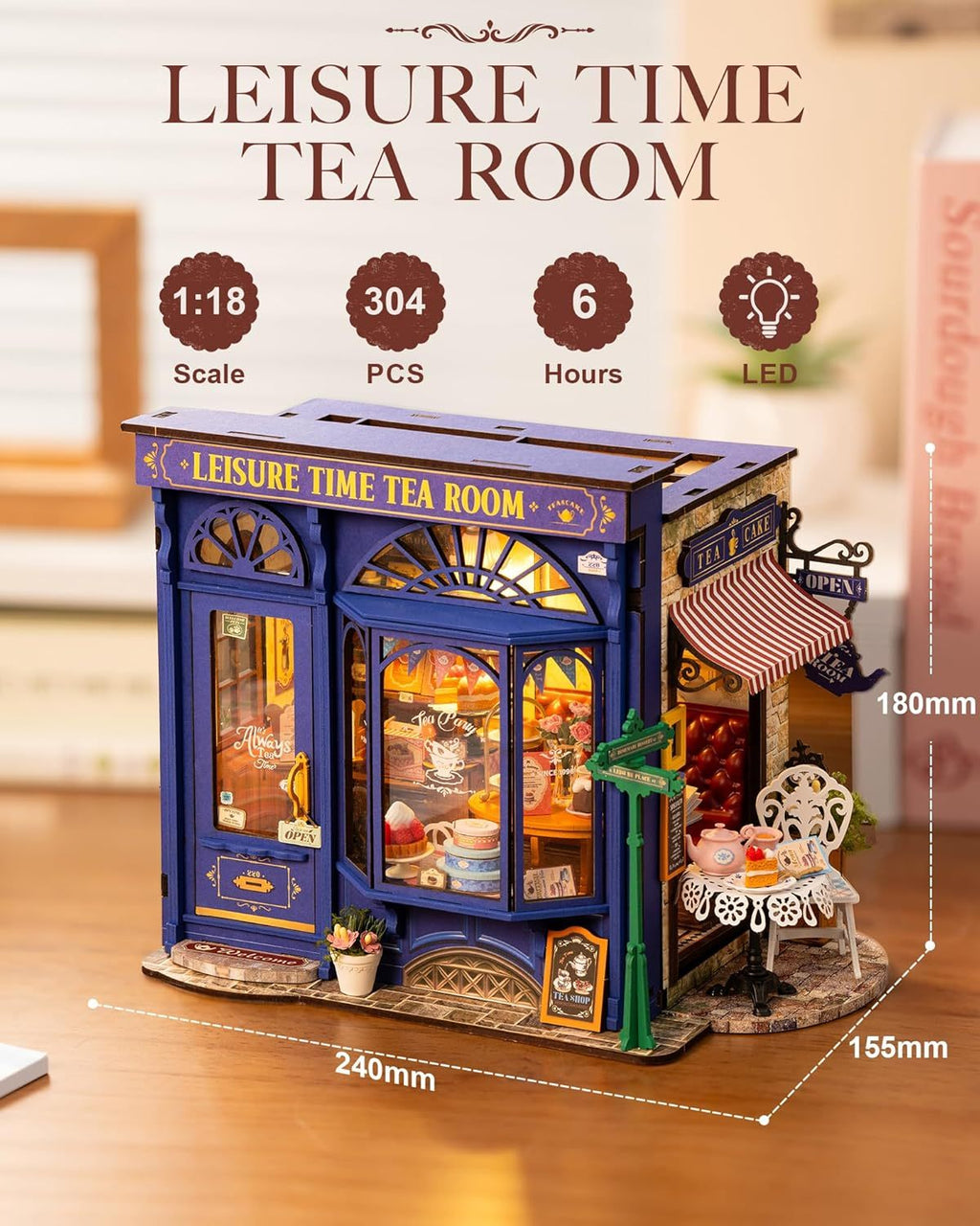 ROBOTIME DIY Miniature Dollhouse Kit - Tea Room With LED Lights And Furniture, Wooden Model Building Set For Adults And Kids, Creative Gift For Leisure Time - MagicWhisper Boutique
