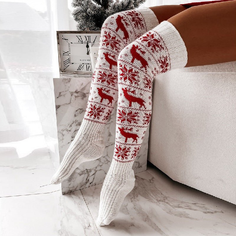 Winter Christmas Warm Knitted Women Stocking Beautiful Elk Snowflake Jacquard Over - the - knee Casual Long Socks For Ladies Gifts Free Size - MagicWhisper Boutique