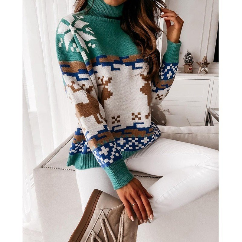 Turtleneck Elk Christmas Jacquard Knitted Sweater - MagicWhisper Boutique