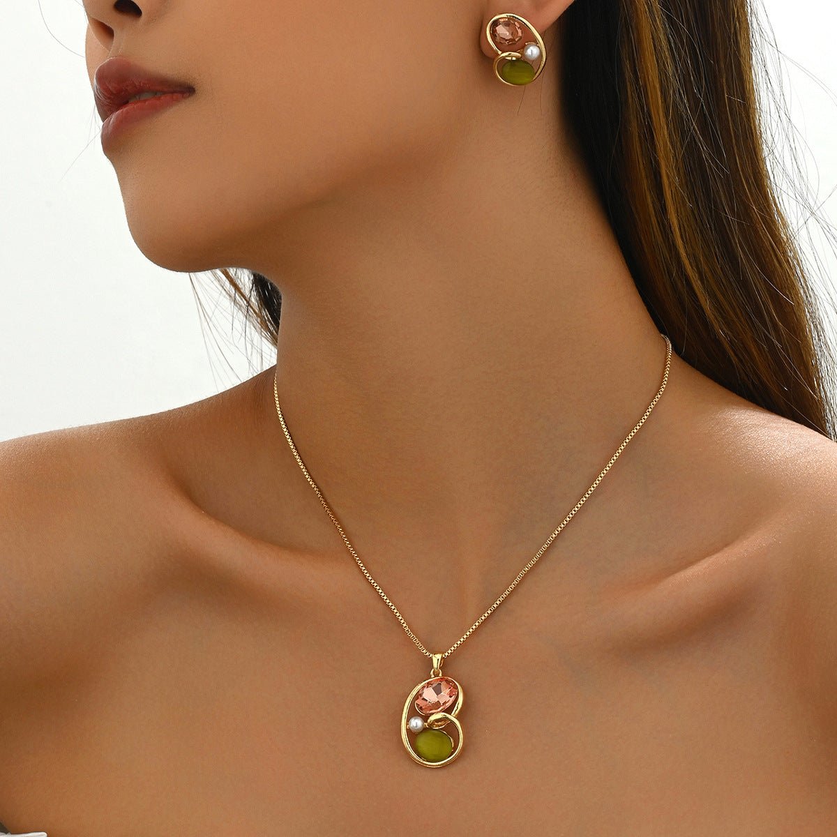Earrings And Necklace Set Inlaid Gem Long - MagicWhisper Boutique