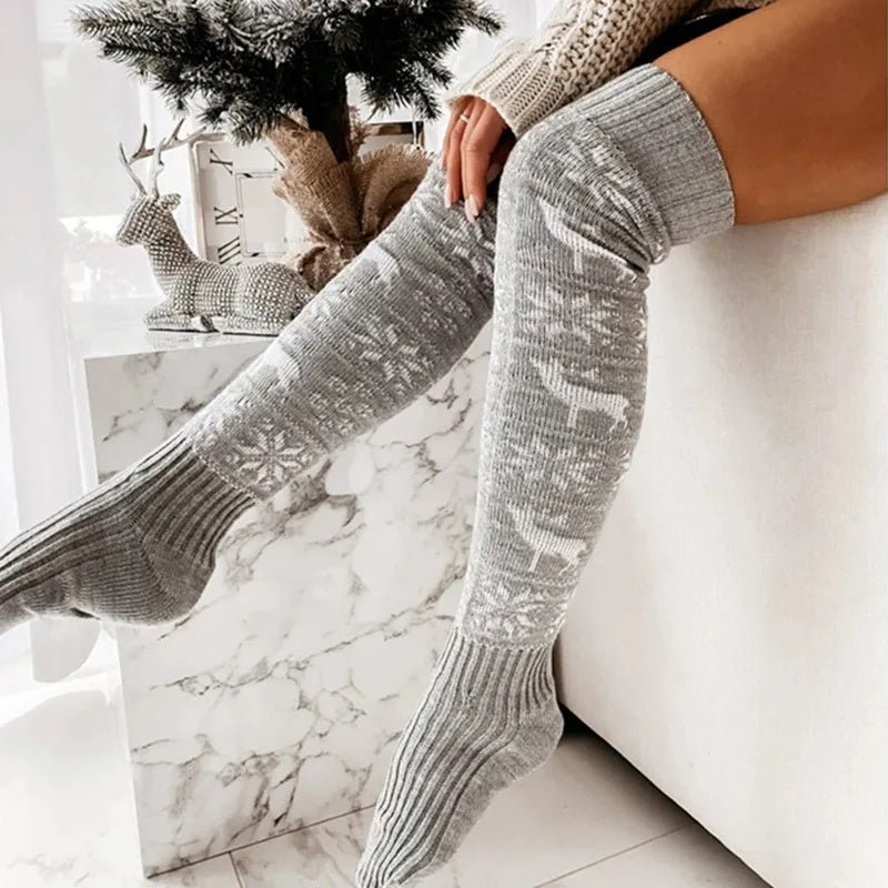 Winter Christmas Warm Knitted Women Stocking Beautiful Elk Snowflake Jacquard Over - the - knee Casual Long Socks For Ladies Gifts Free Size - MagicWhisper Boutique