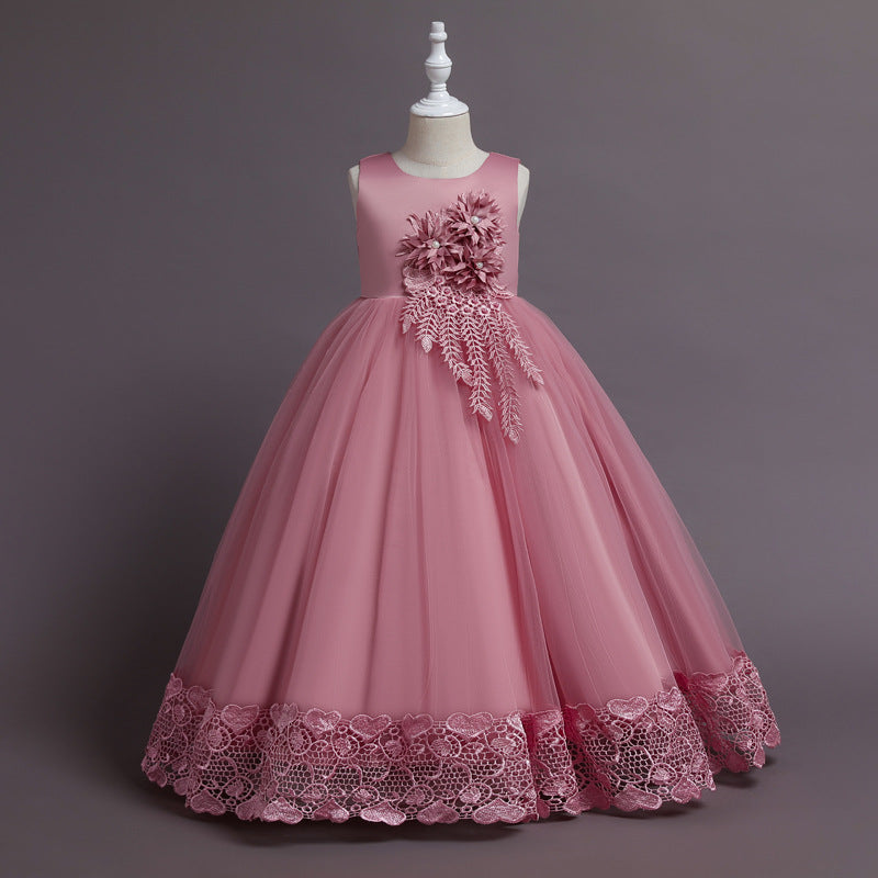 Girls Princess Flower Catwalk Dress – Full Skirt with Elegant Long Tail