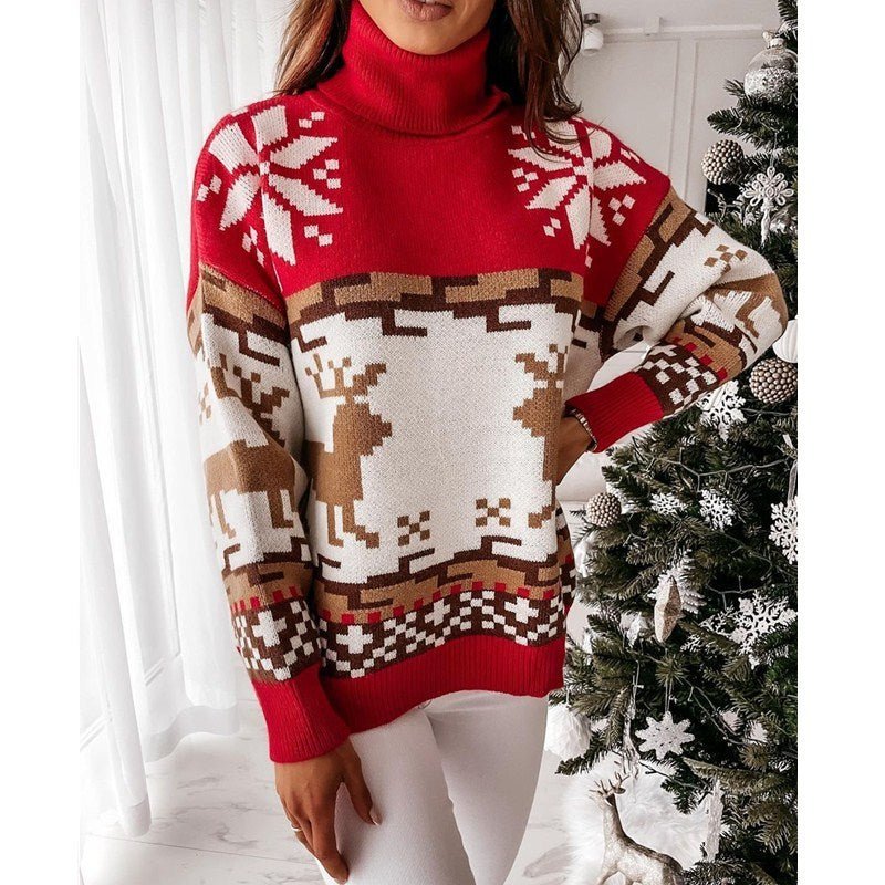 Turtleneck Elk Christmas Jacquard Knitted Sweater - MagicWhisper Boutique