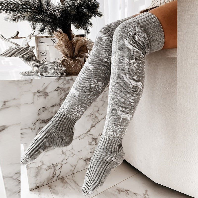 Winter Christmas Warm Knitted Women Stocking Beautiful Elk Snowflake Jacquard Over - the - knee Casual Long Socks For Ladies Gifts Free Size - MagicWhisper Boutique