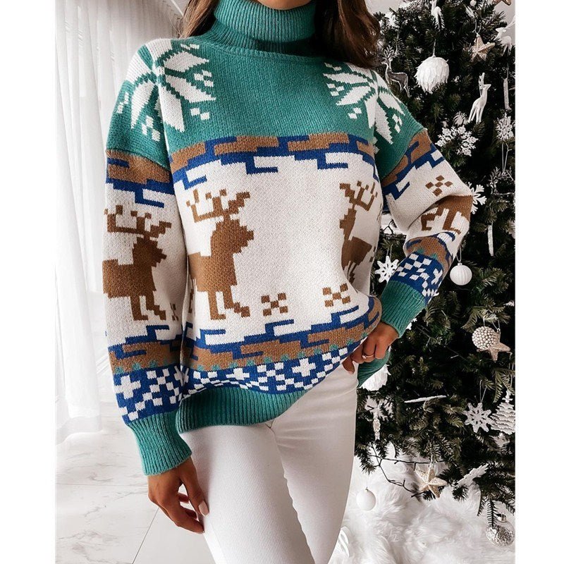 Turtleneck Elk Christmas Jacquard Knitted Sweater - MagicWhisper Boutique