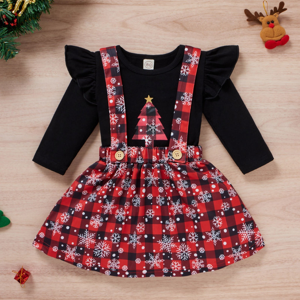 Baby Girls Christmas Clothing Print Tshirt Plaid Skirts - MagicWhisper Boutique