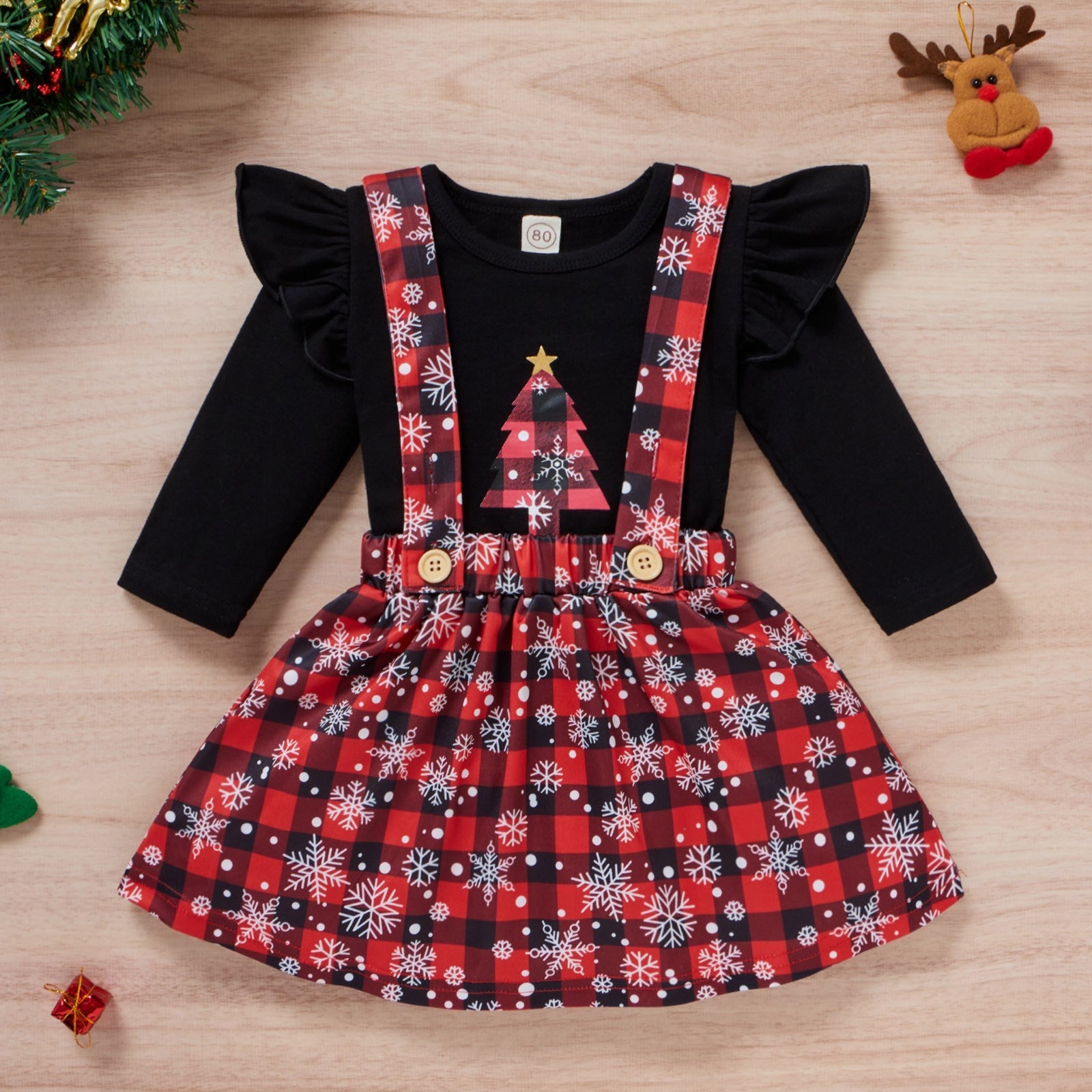 Baby Girls Christmas Clothing Print Tshirt Plaid Skirts - MagicWhisper Boutique