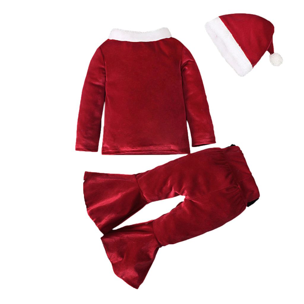 Winter Christmas Long - sleeved Shirt Bell Bottoms Hat Three - piece Children's Clothing - MagicWhisper Boutique