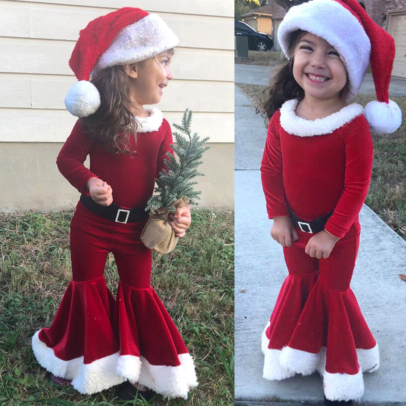Winter Christmas Long - sleeved Shirt Bell Bottoms Hat Three - piece Children's Clothing - MagicWhisper Boutique