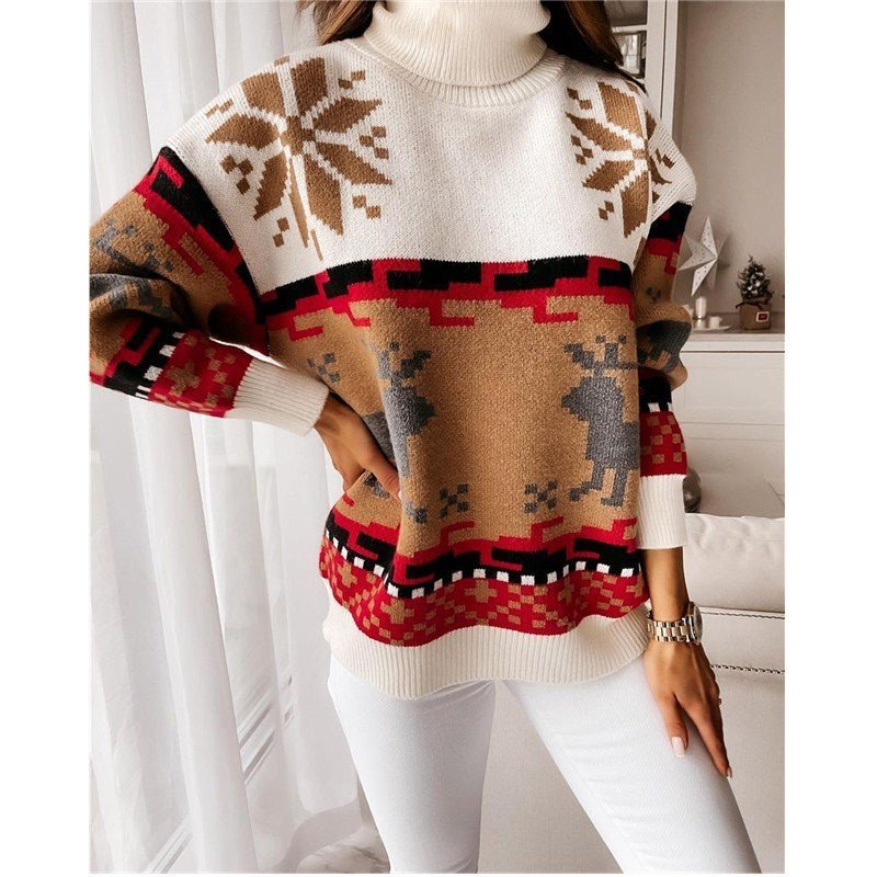 Turtleneck Elk Christmas Jacquard Knitted Sweater - MagicWhisper Boutique