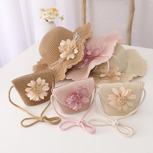 Children's Summer Sunshade Flower Princess Straw Hat Backpack Set - MagicWhisper Boutique