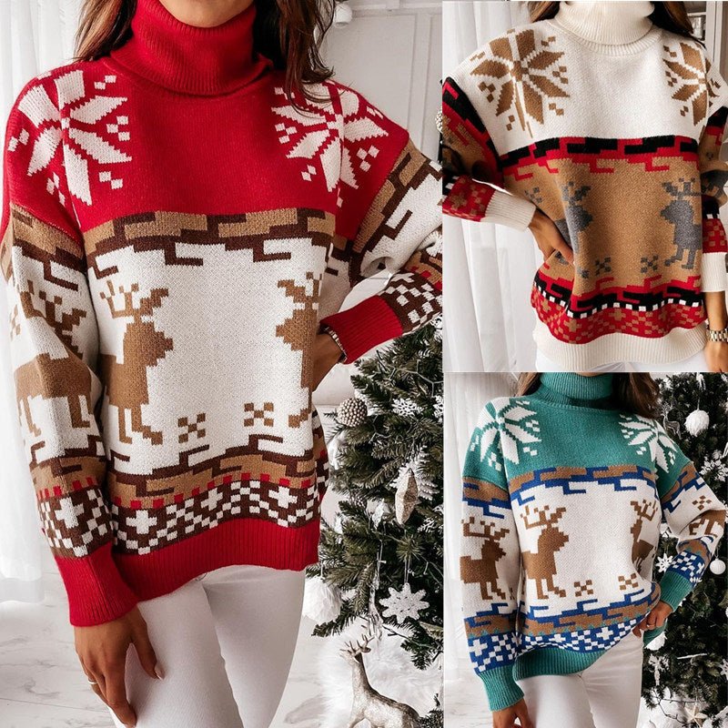 Turtleneck Elk Christmas Jacquard Knitted Sweater - MagicWhisper Boutique