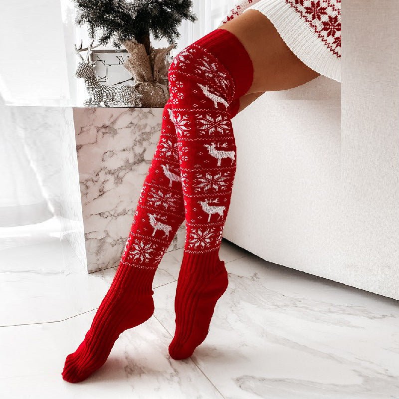 Winter Christmas Warm Knitted Women Stocking Beautiful Elk Snowflake Jacquard Over - the - knee Casual Long Socks For Ladies Gifts Free Size - MagicWhisper Boutique