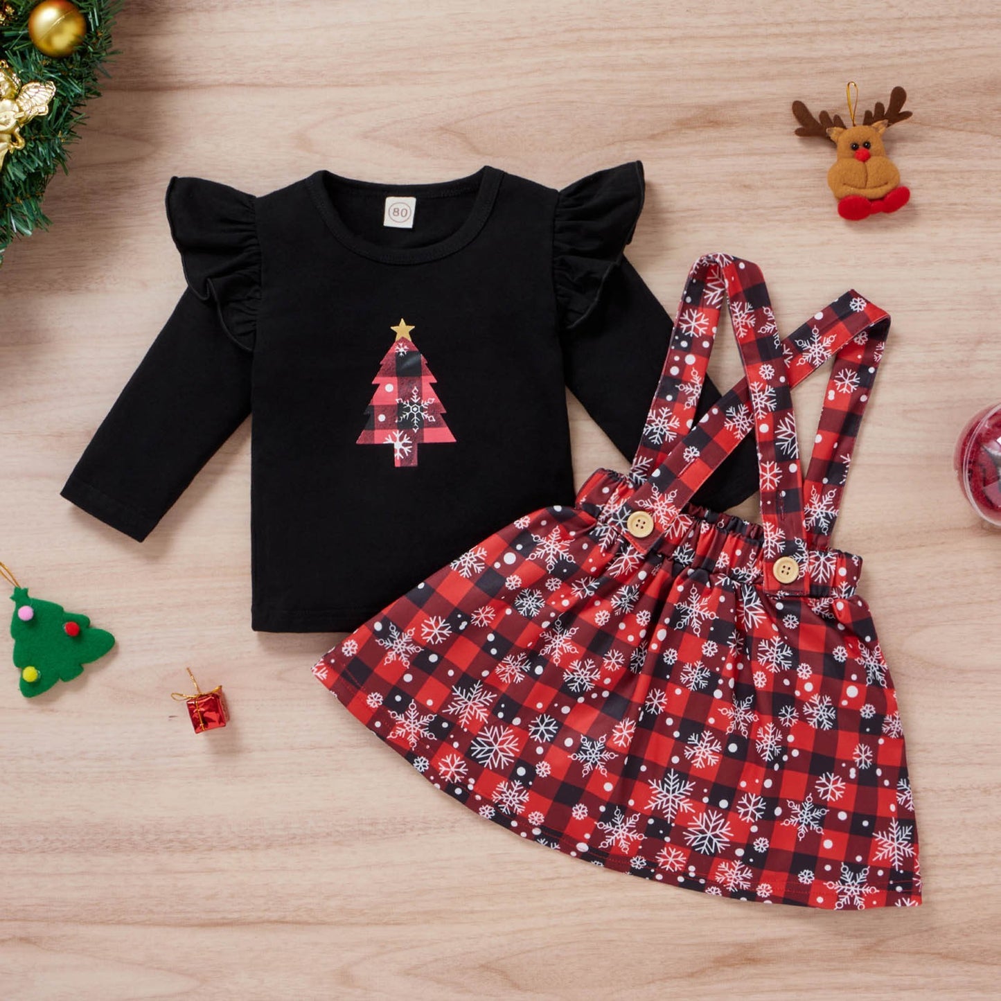 Baby Girls Christmas Clothing Print Tshirt Plaid Skirts - MagicWhisper Boutique
